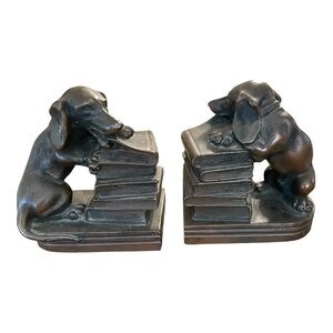 Jennings Brothers Cast Bronze Dachshund Dog Signed Antique Bookends, Collectible